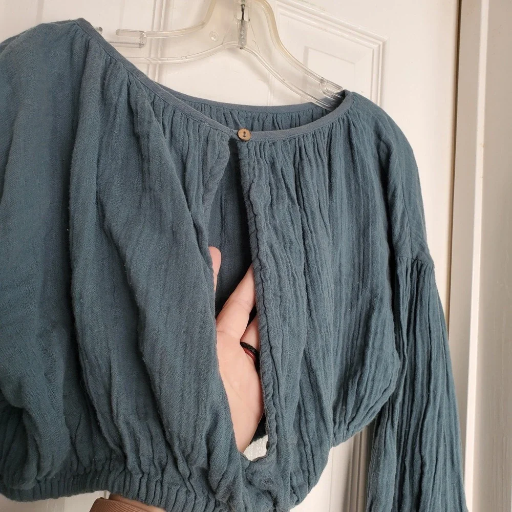 Free People Teal Gauze‎ Cropped Puffy Blouse Button Open Back Dolman Sleeve Sm